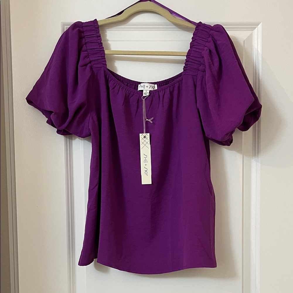 She + Sky Bold Purple Puff Sleeve Square Neck Blouse